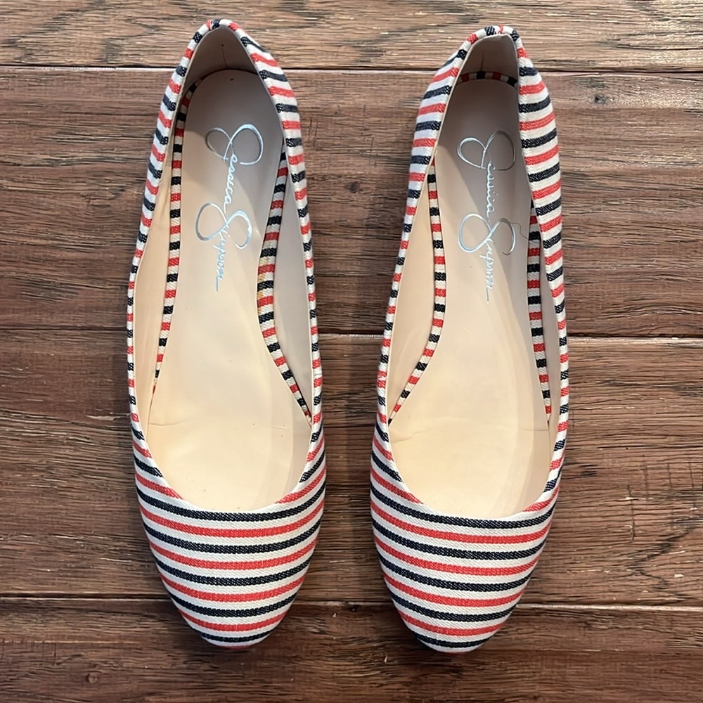 Jessica Simpson JS- Ginly Red/Navy Multi Mattie Stripe Cotton Flats Size 9